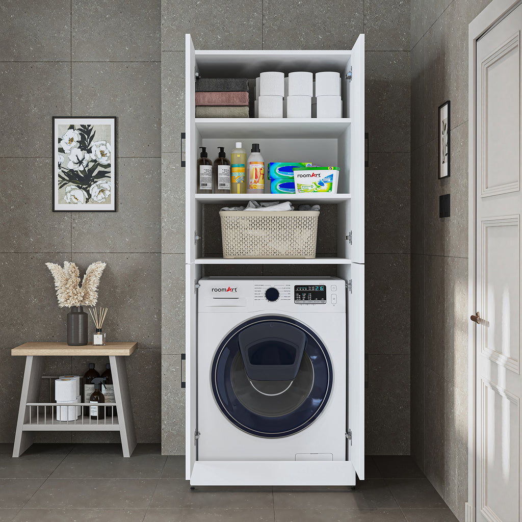 Roomart Waschmaschinenschrank „DORA“ für Waschmaschine & Trockner mit Regalböden, in 5 Farben • Weiß • Weiß Eiche • Anthrazit Eiche • Eiche • Schwarz-Eiche