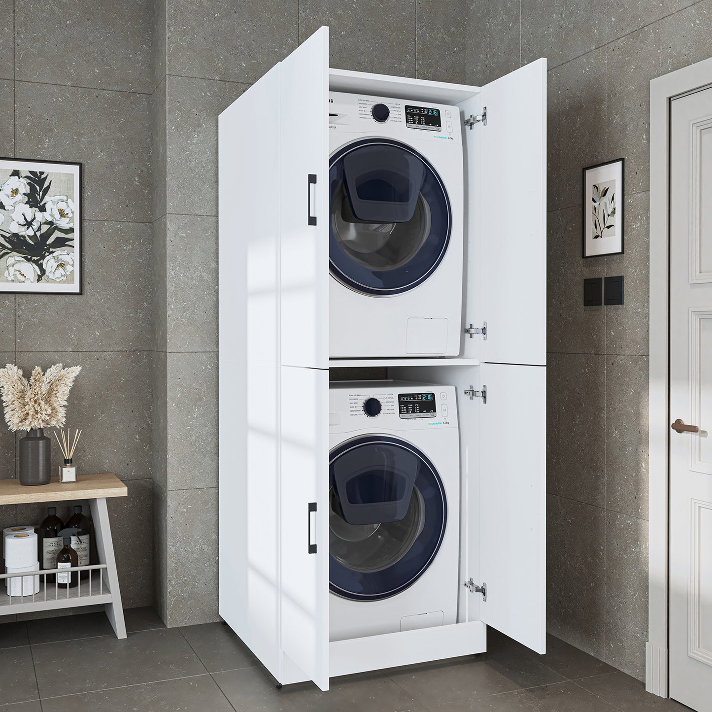 Roomart Waschmaschinenschrank - SERIE DORA-II-  Überbauschrank für Waschmaschine & Trockner mit Regalböden – Waschturm für Waschküche & Hauswirtschaftsraum – in 5 Farben (Weiß, Weiß-Eiche, Anthrazit-Eiche, Eiche, Schwarz-Eiche)