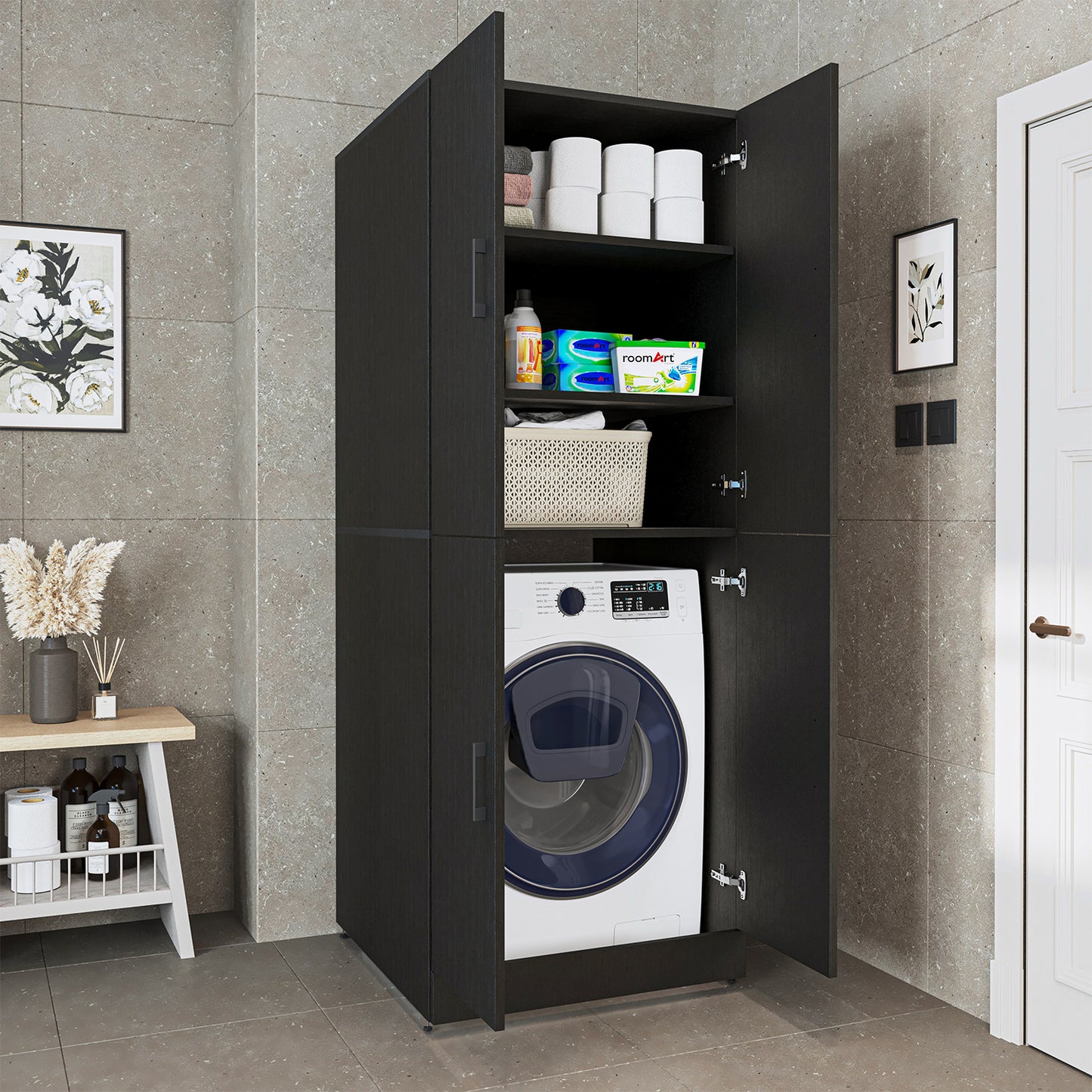 Roomart Waschmaschinenschrank „DORA“ für Waschmaschine & Trockner mit Regalböden, in 5 Farben • Weiß • Weiß Eiche • Anthrazit Eiche • Eiche • Schwarz-Eiche