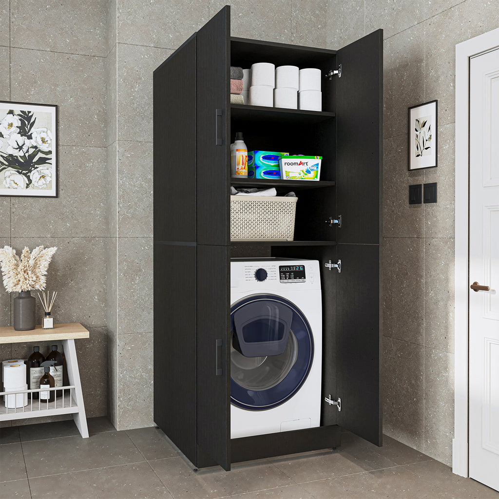 Roomart Waschmaschinenschrank „DORA“ für Waschmaschine & Trockner mit Regalböden, in 5 Farben • Weiß • Weiß Eiche • Anthrazit Eiche • Eiche • Schwarz-Eiche