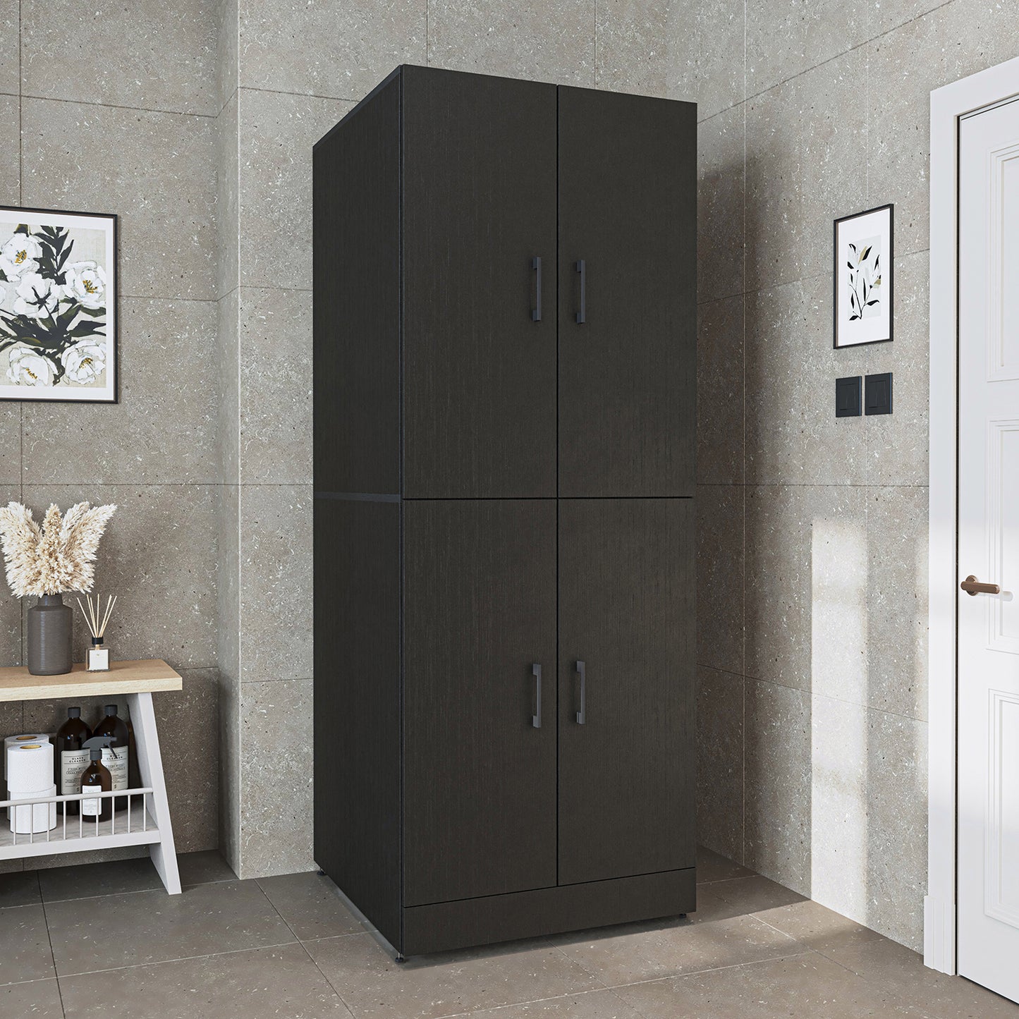 Roomart Waschmaschinenschrank „DORA“ für Waschmaschine & Trockner mit Regalböden, in 5 Farben • Weiß • Weiß Eiche • Anthrazit Eiche • Eiche • Schwarz-Eiche