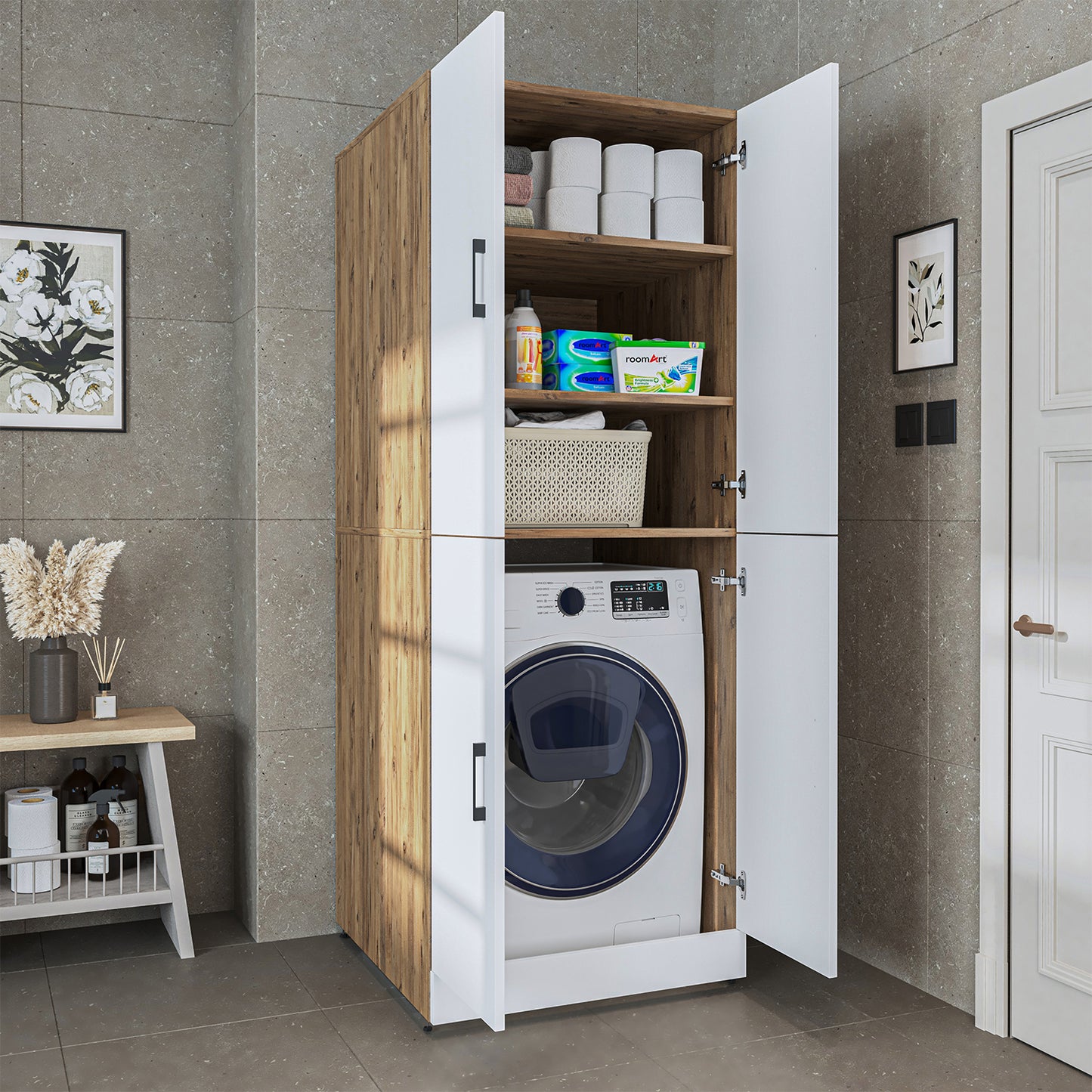 Roomart Waschmaschinenschrank „DORA“ für Waschmaschine & Trockner mit Regalböden, in 4 Farben • Weiß • Weiß Eiche • Anthrazit Eiche • Eiche