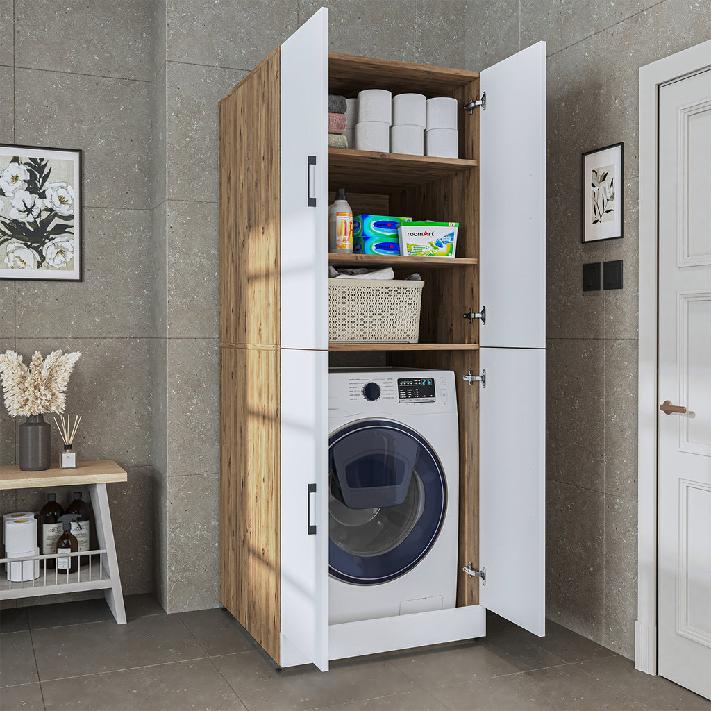 Roomart Waschmaschinenschrank „DORA“ für Waschmaschine & Trockner mit Regalböden, in 5 Farben • Weiß • Weiß Eiche • Anthrazit Eiche • Eiche • Schwarz-Eiche