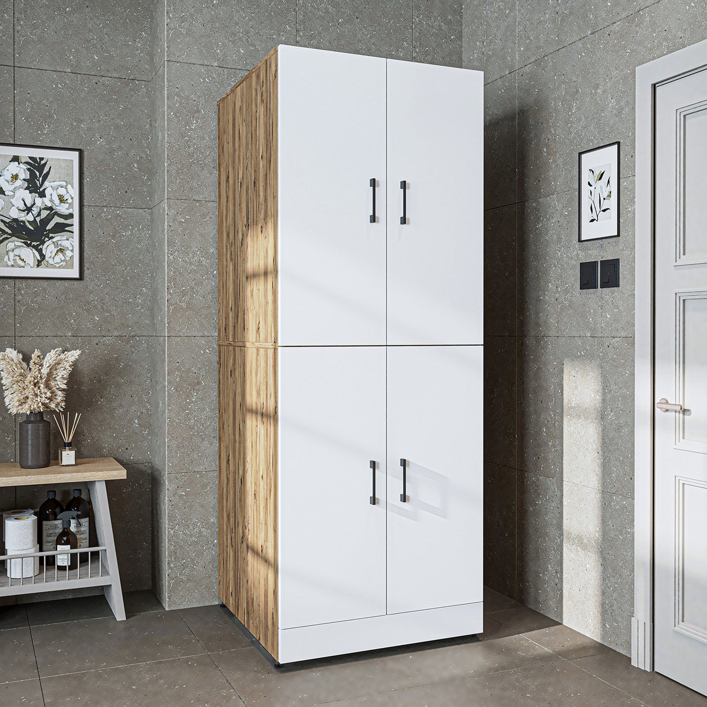 Roomart Waschmaschinenschrank „DORA“ für Waschmaschine & Trockner mit Regalböden, in 4 Farben • Weiß • Weiß Eiche • Anthrazit Eiche • Eiche