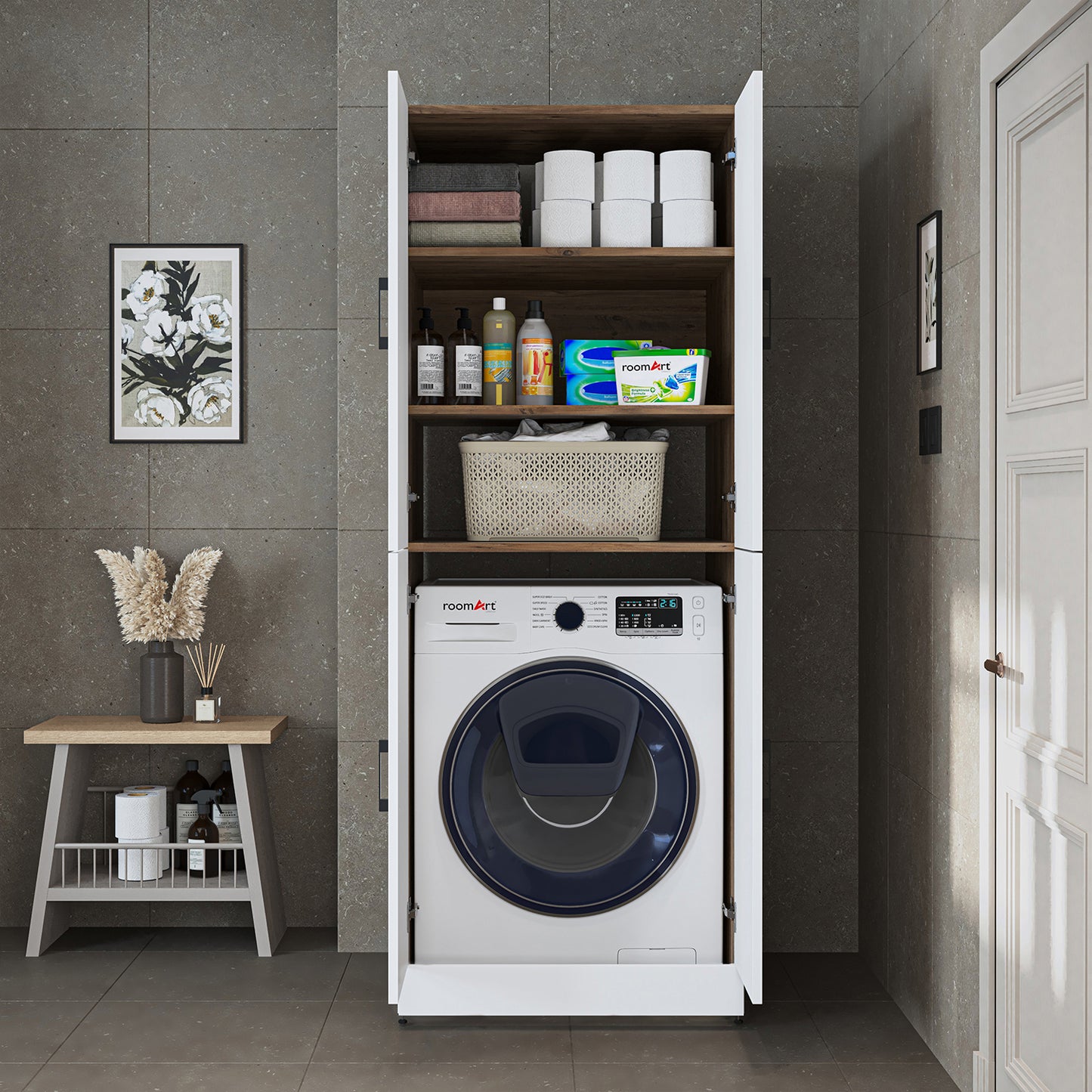 Roomart Waschmaschinenschrank „DORA“ für Waschmaschine & Trockner mit Regalböden, in 4 Farben • Weiß • Weiß Eiche • Anthrazit Eiche • Eiche