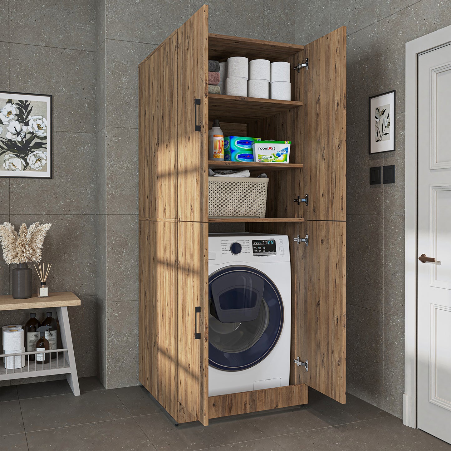 Roomart Waschmaschinenschrank „DORA“ für Waschmaschine & Trockner mit Regalböden, in 4 Farben • Weiß • Weiß Eiche • Anthrazit Eiche • Eiche