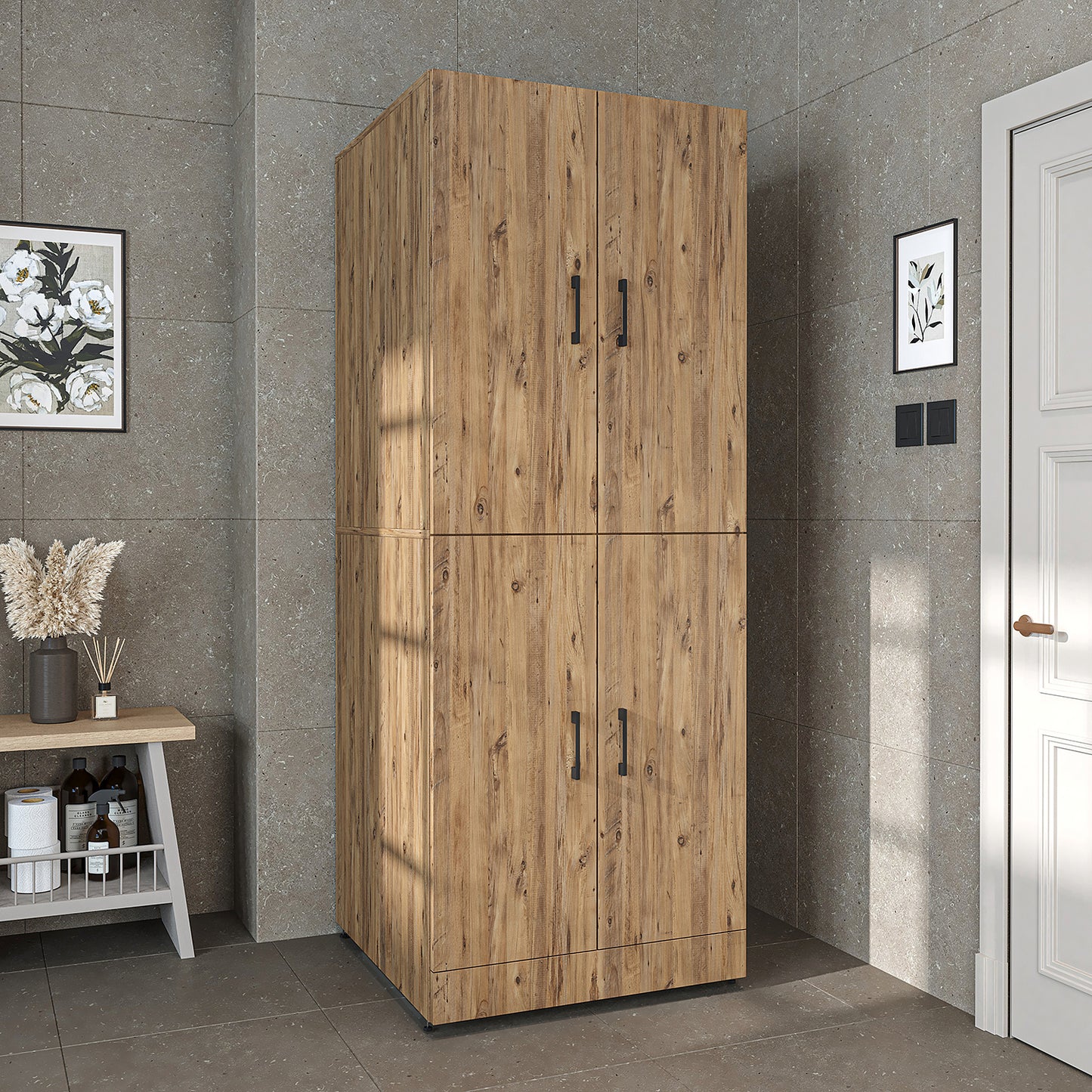 Roomart Waschmaschinenschrank „DORA“ für Waschmaschine & Trockner mit Regalböden, in 4 Farben • Weiß • Weiß Eiche • Anthrazit Eiche • Eiche