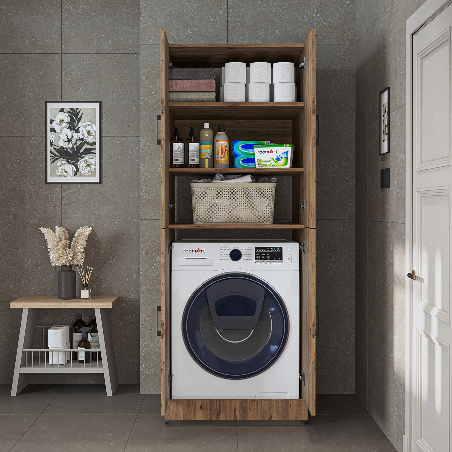 Roomart Waschmaschinenschrank „DORA“ für Waschmaschine & Trockner mit Regalböden, in 4 Farben • Weiß • Weiß Eiche • Anthrazit Eiche • Eiche
