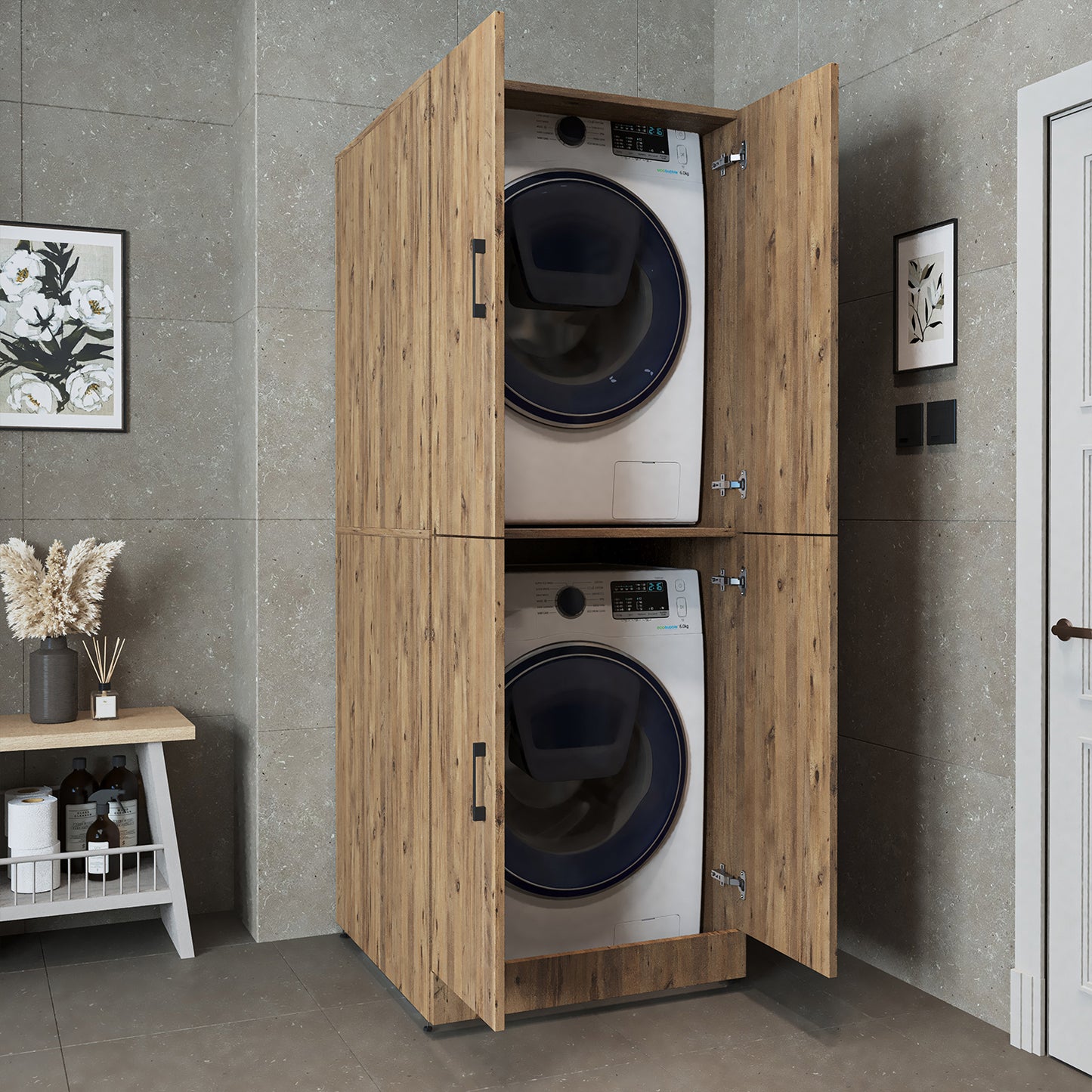 Roomart Waschmaschinenschrank „DORA“ für Waschmaschine & Trockner mit Regalböden, in 4 Farben • Weiß • Weiß Eiche • Anthrazit Eiche • Eiche