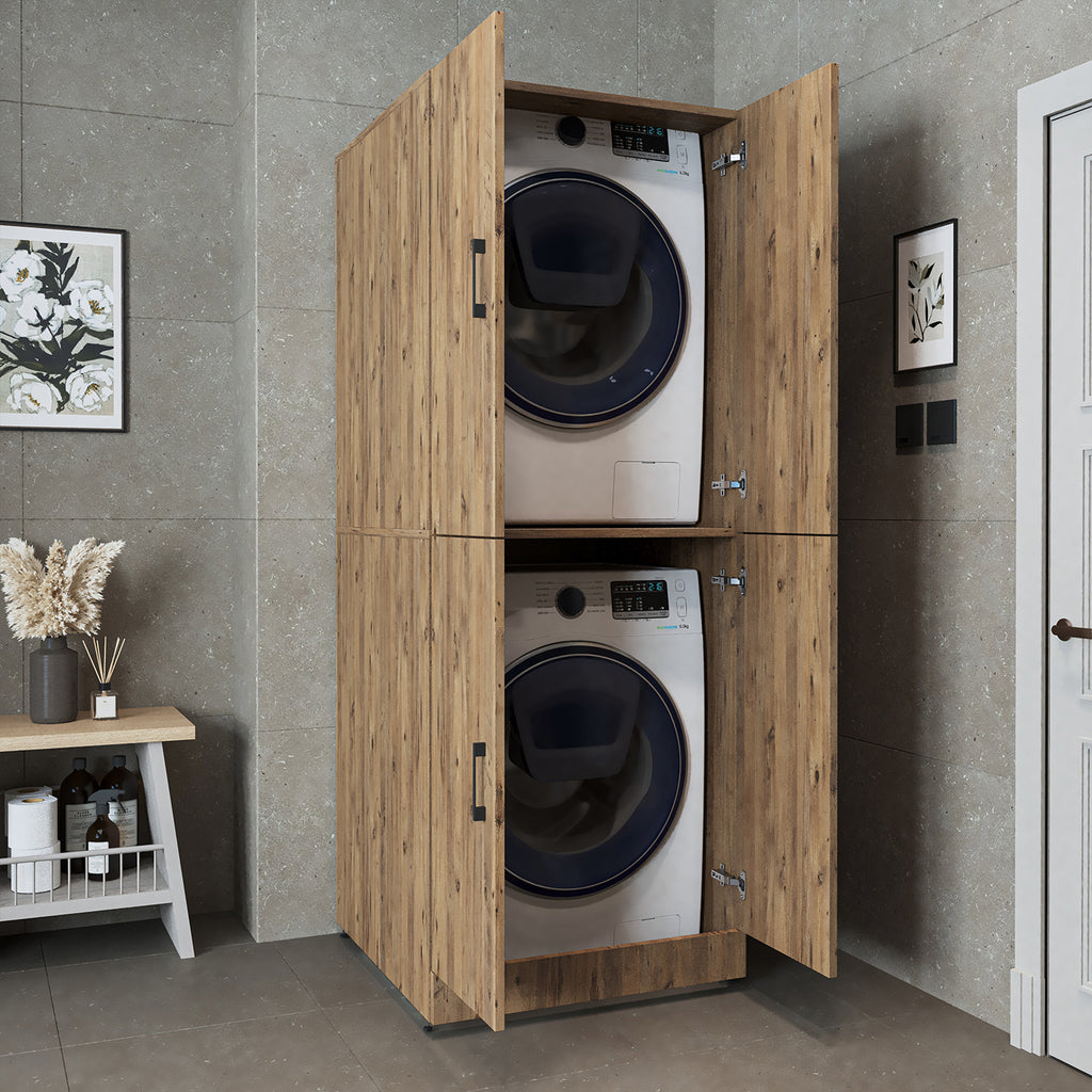 Roomart Waschmaschinenschrank „DORA“ für Waschmaschine & Trockner mit Regalböden, in 5 Farben • Weiß • Weiß Eiche • Anthrazit Eiche • Eiche • Schwarz-Eiche