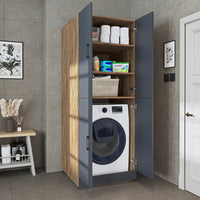 Roomart Waschmaschinenschrank „DORA“ für Waschmaschine & Trockner mit Regalböden, in 5 Farben • Weiß • Weiß Eiche • Anthrazit Eiche • Eiche • Schwarz-Eiche