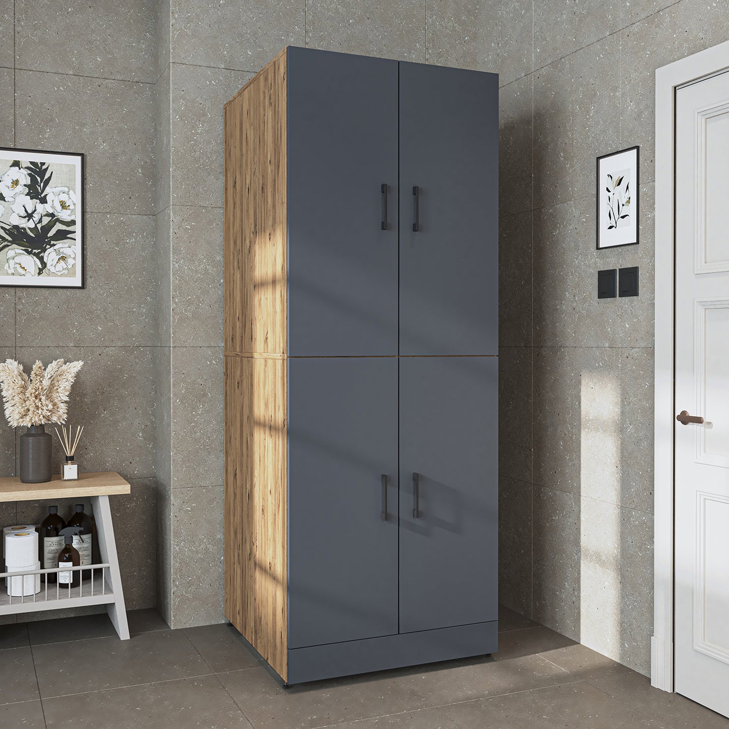 Roomart Waschmaschinenschrank „DORA“ für Waschmaschine & Trockner mit Regalböden, in 4 Farben • Weiß • Weiß Eiche • Anthrazit Eiche • Eiche