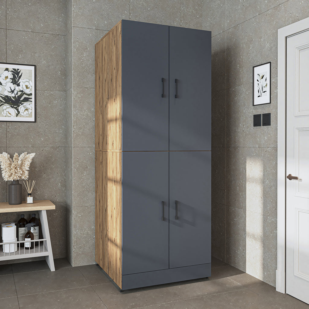 Roomart Waschmaschinenschrank „DORA“ für Waschmaschine & Trockner mit Regalböden, in 5 Farben • Weiß • Weiß Eiche • Anthrazit Eiche • Eiche • Schwarz-Eiche