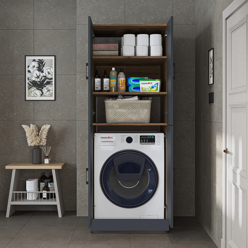 Roomart Waschmaschinenschrank „DORA“ für Waschmaschine & Trockner mit Regalböden, in 5 Farben • Weiß • Weiß Eiche • Anthrazit Eiche • Eiche • Schwarz-Eiche