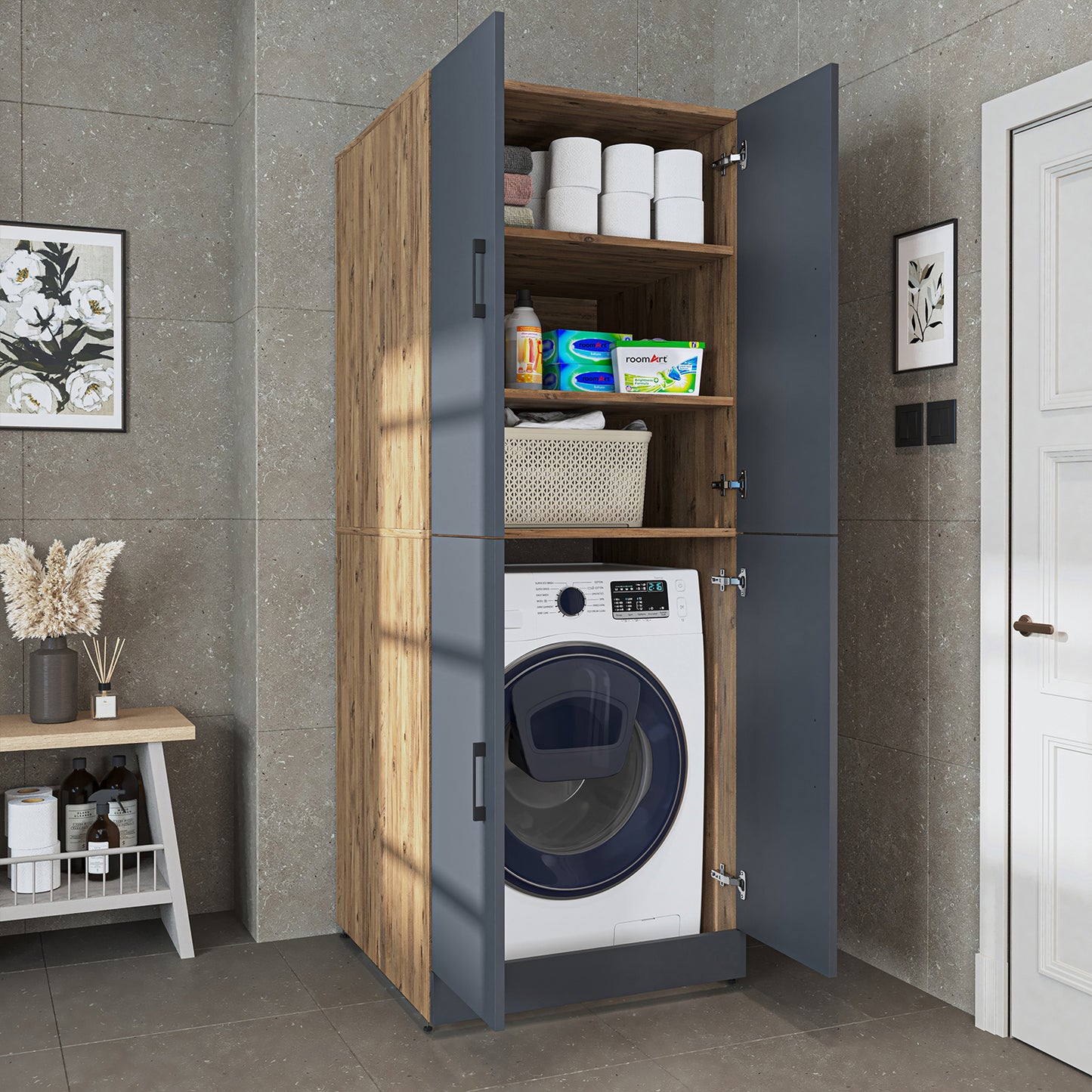 Roomart Waschmaschinenschrank „DORA“ für Waschmaschine & Trockner mit Regalböden, in 4 Farben • Weiß • Weiß Eiche • Anthrazit Eiche • Eiche