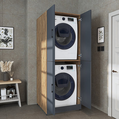 Roomart Waschmaschinenschrank - SERIE DORA-II-  Überbauschrank für Waschmaschine & Trockner mit Regalböden – Waschturm für Waschküche & Hauswirtschaftsraum – in 5 Farben (Weiß, Weiß-Eiche, Anthrazit-Eiche, Eiche, Schwarz-Eiche)