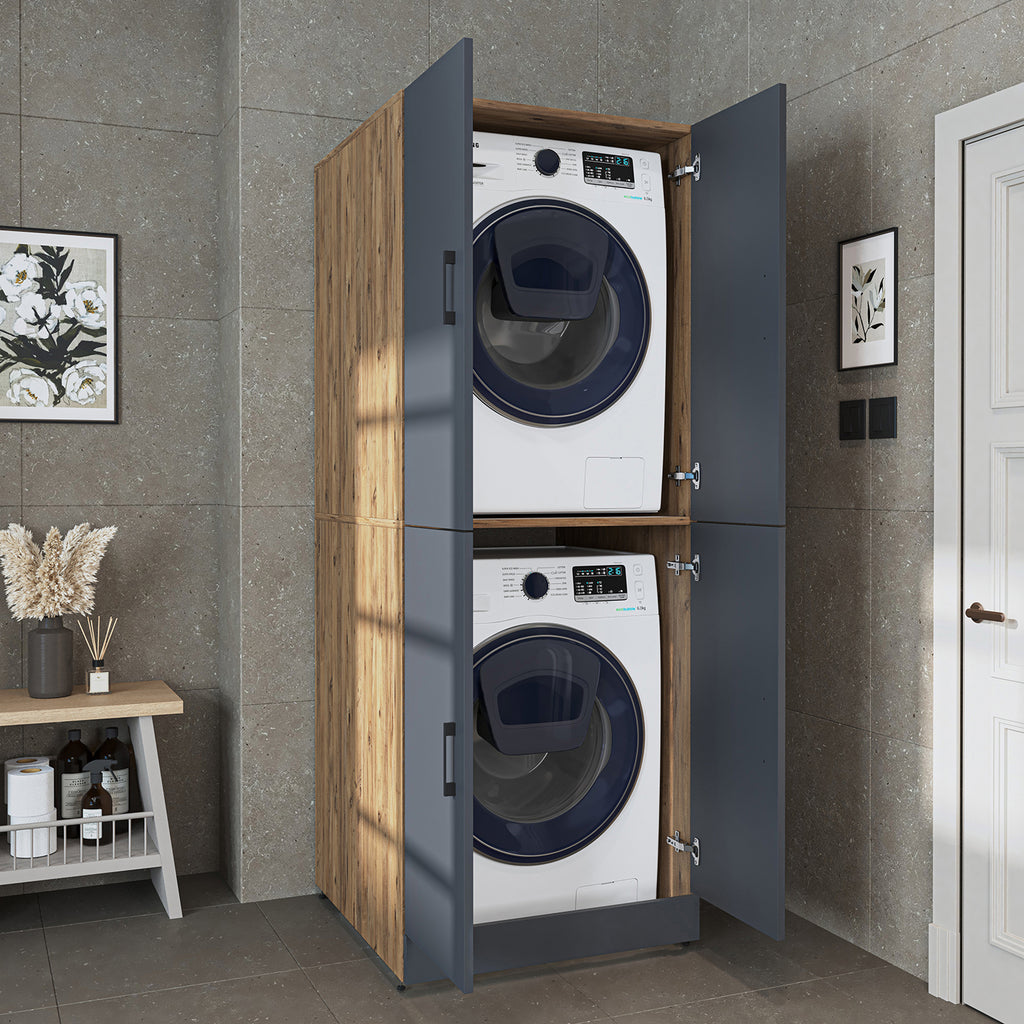 Roomart Waschmaschinenschrank - SERIE DORA-II-  Überbauschrank für Waschmaschine & Trockner mit Regalböden – Waschturm für Waschküche & Hauswirtschaftsraum – in 5 Farben (Weiß, Weiß-Eiche, Anthrazit-Eiche, Eiche, Schwarz-Eiche)