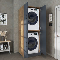 Roomart Waschmaschinenschrank - SERIE DORA-II-  Überbauschrank für Waschmaschine & Trockner mit Regalböden – Waschturm für Waschküche & Hauswirtschaftsraum – in 5 Farben (Weiß, Weiß-Eiche, Anthrazit-Eiche, Eiche, Schwarz-Eiche)