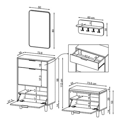 Roomart 4-teiliges Garderobenset NORD, mit Schuhschrank, Sitzbank mit Schuhklappe, Wandgarderobe und Spiegel, in 2 Farben