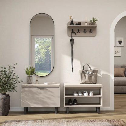 Roomart 4-teiliges Garderobenset NORD, mit 2 Sitzbänken (offen und mit Schuhklappe), Wandgarderobe und ovalem Spiegel, in 2 Farben