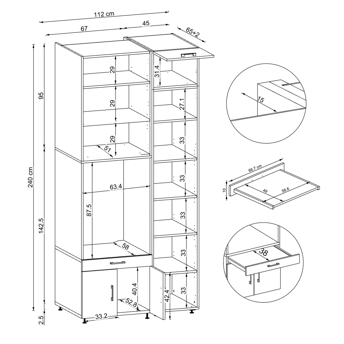 Roomart Waschmaschinenschrank SERIE 3 112 cm, Schwarz-Eiche, 240 cm hoch, technische Zeichnung