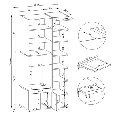 Roomart Waschmaschinenschrank SERIE 3 112 cm, Schwarz-Eiche, 240 cm hoch, technische Zeichnung