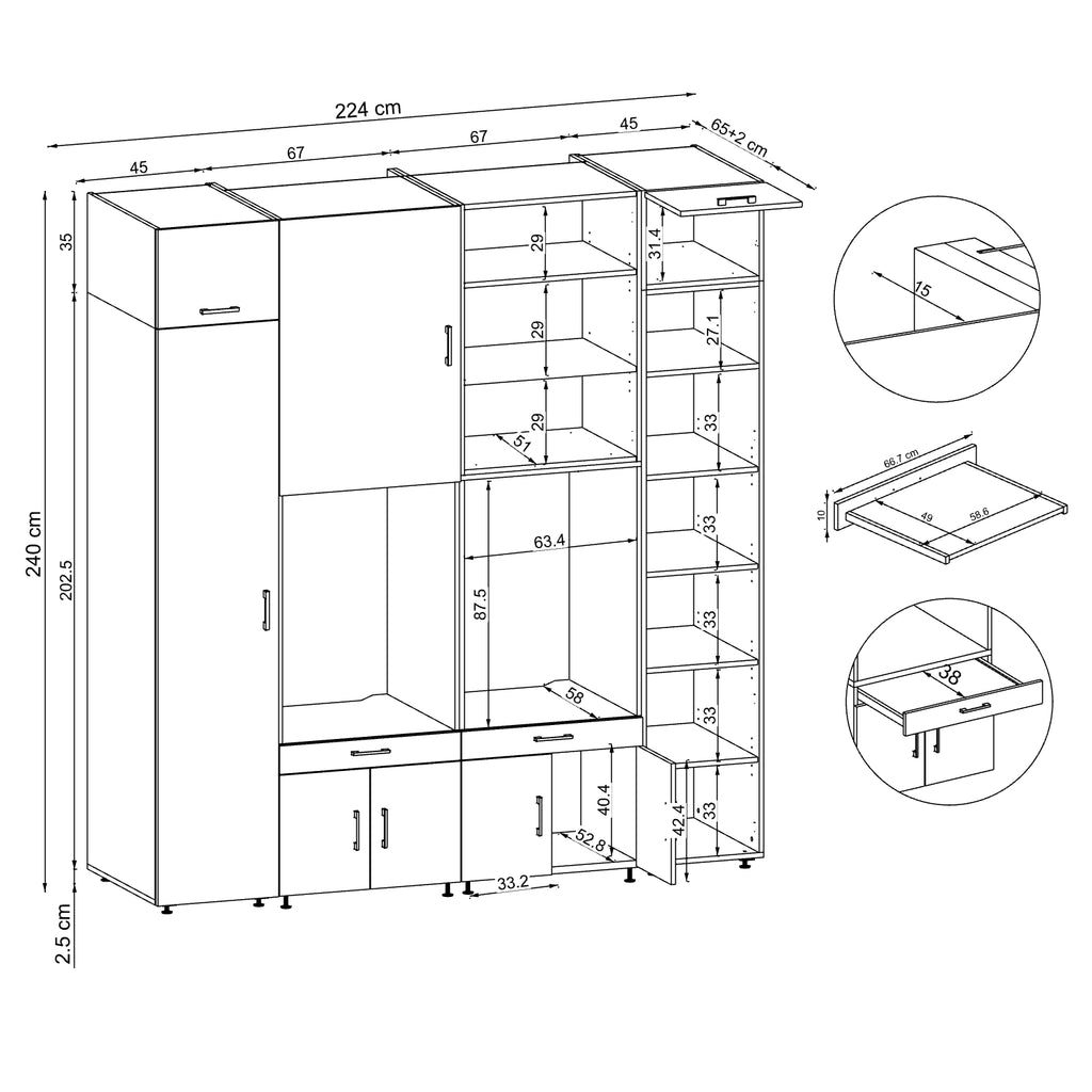 Roomart Waschmaschinenschrank SERIE 3 224 cm, Schwarz-Eiche, 240 cm hoch, technische Zeichnung