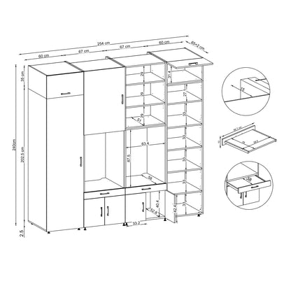 Roomart Waschmaschinenschrank SERIE 3 254 cm, Weiß, 240 cm hoch, technische Zeichnung