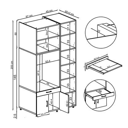 Roomart Waschmaschinenschrank SERIE 3 112 cm, Weiß, 205 cm hoch, technische Zeichnung