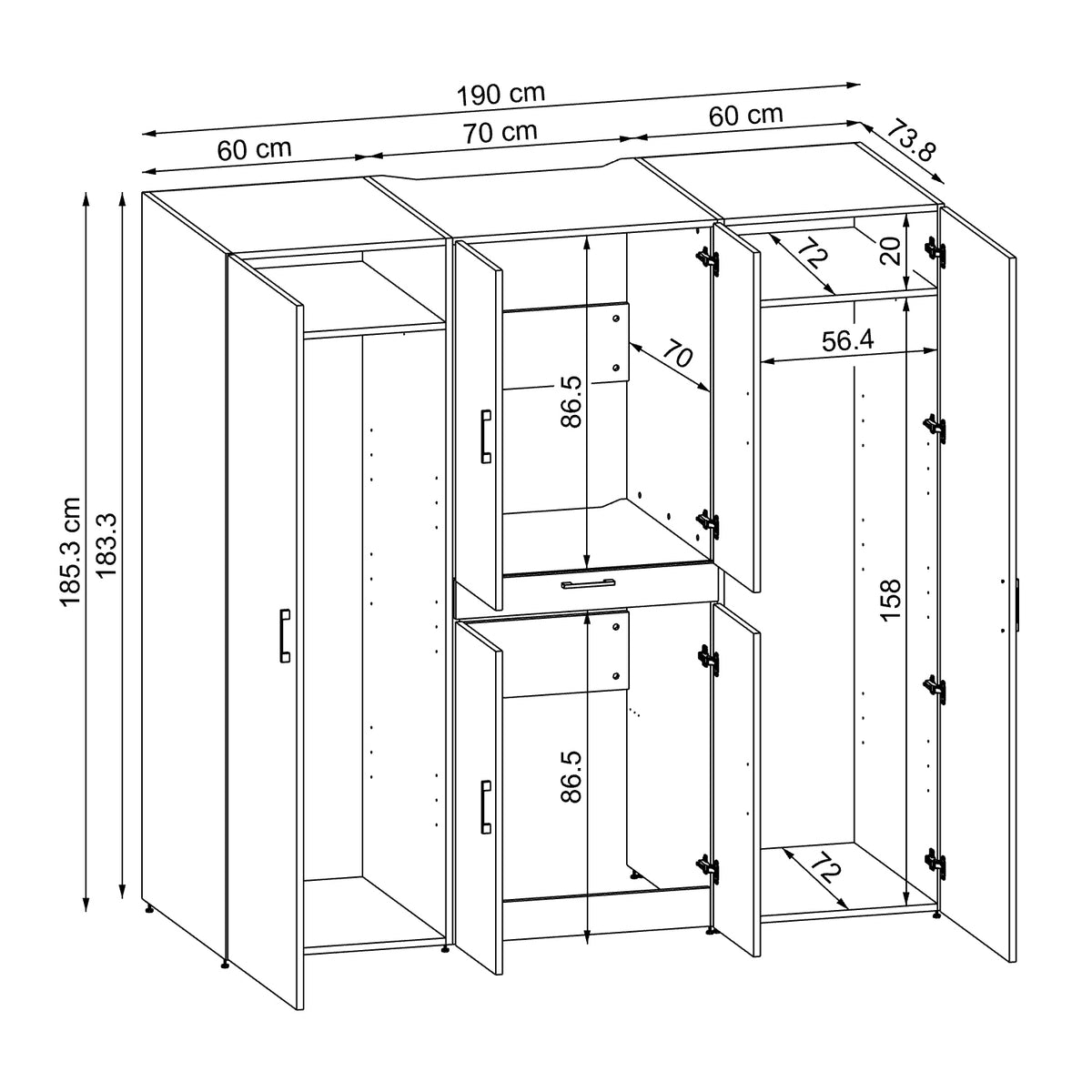 Roomart Waschmaschinenschrank DORA-I 190 cm, technische Zeichnung, 186 cm hoch