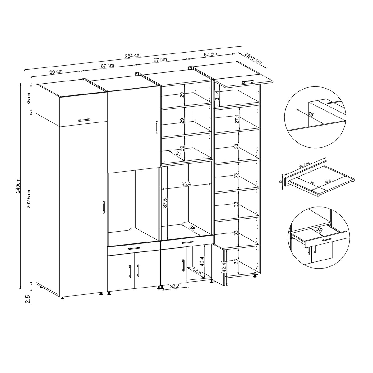 Roomart Waschmaschinenschrank SERIE 3 254 cm, Schwarz-Eiche, 240 cm hoch, technische Zeichnung