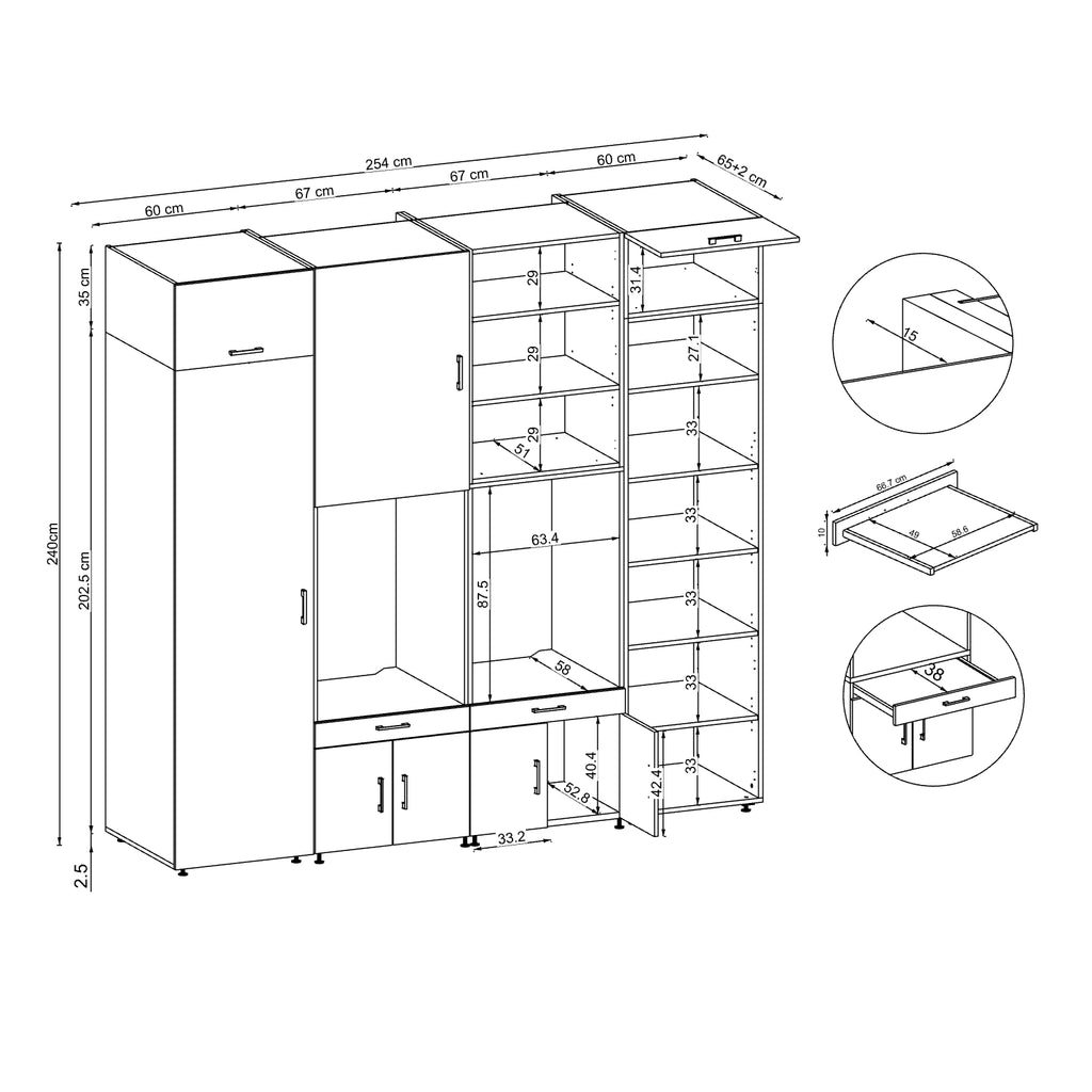 Roomart Waschmaschinenschrank SERIE 3 254 cm, Schwarz-Eiche, 240 cm hoch, technische Zeichnung