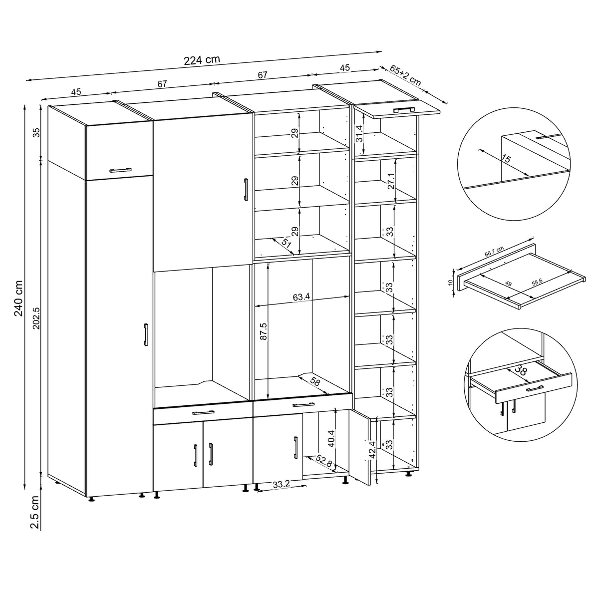 Roomart Waschmaschinenschrank SERIE 3 224 cm, Weiß, 240 cm hoch, technische Zeichnung