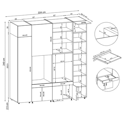 Roomart Waschmaschinenschrank SERIE 3 224 cm, Weiß, 240 cm hoch, technische Zeichnung