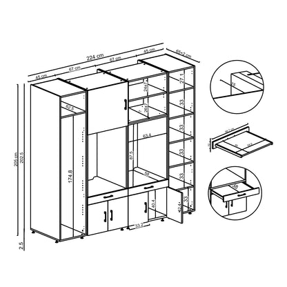 Roomart Waschmaschinenschrank SERIE 3 224 cm, Eiche, 205 cm hoch, technische Zeichnung