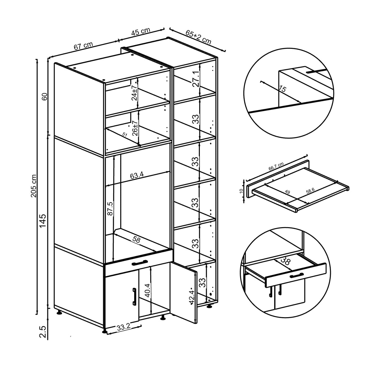 Roomart Waschmaschinenschrank SERIE 3 112 cm, Schwarz-Eiche, 205 cm hoch, technische Zeichnung