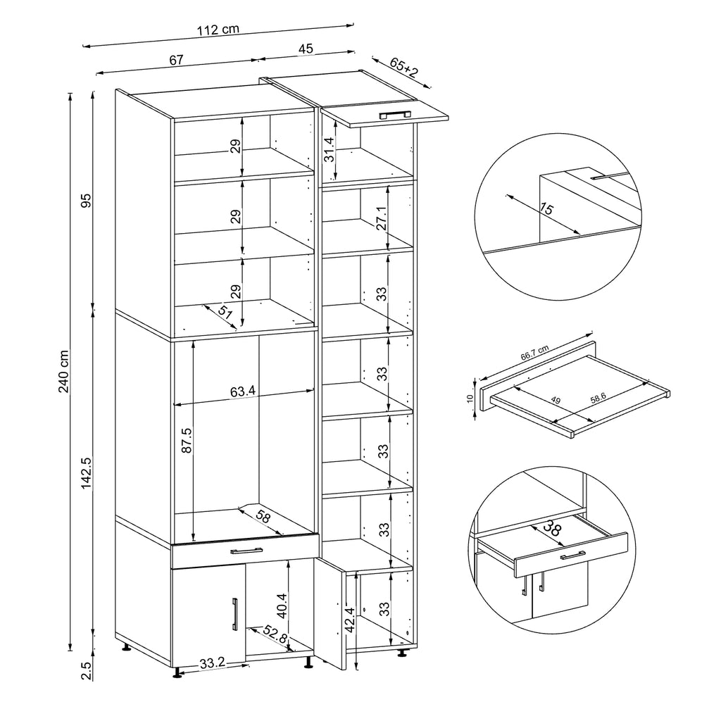 Roomart Waschmaschinenschrank SERIE 3 112 cm, Weiß, 240 cm hoch, technische Zeichnung