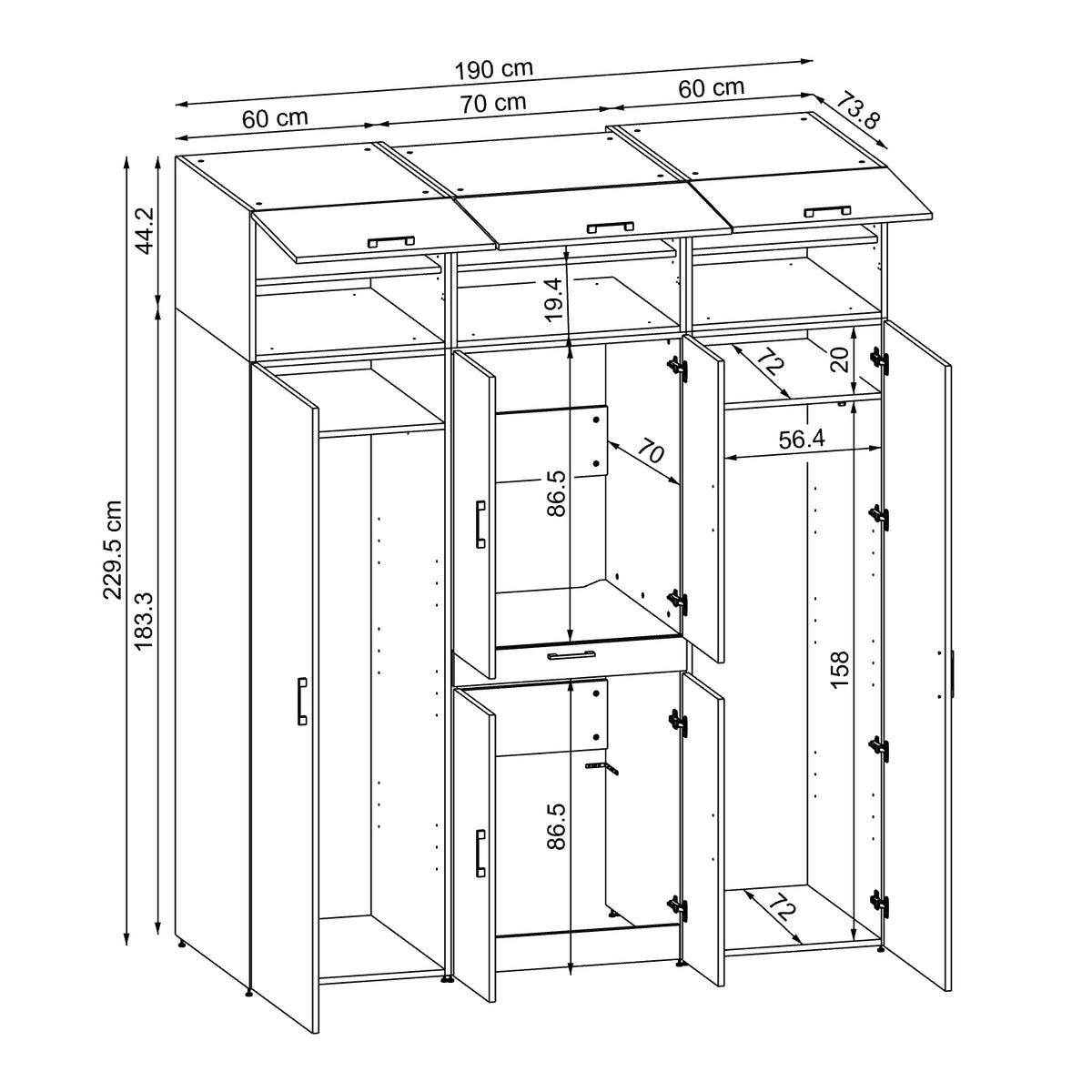 Roomart Waschmaschinenschrank DORA-I 190 cm, technische Zeichnung, 230 cm hoch