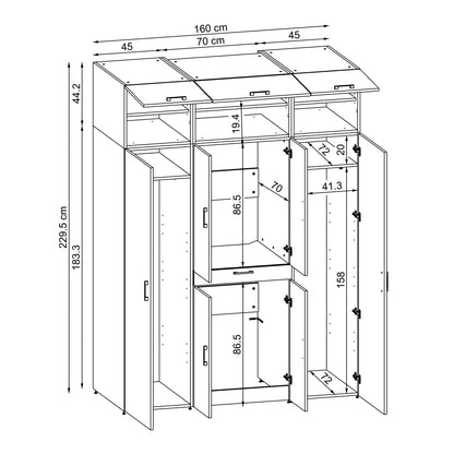 Roomart Waschmaschinenschrank DORA-I 160 cm, technische Zeichnung, 230 cm hoch