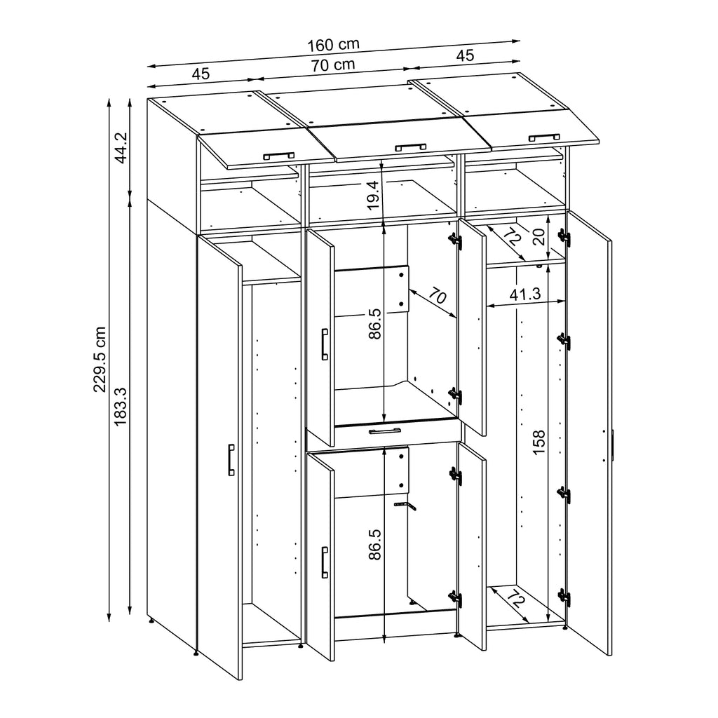 Roomart Waschmaschinenschrank DORA-I 160 cm, technische Zeichnung, 230 cm hoch