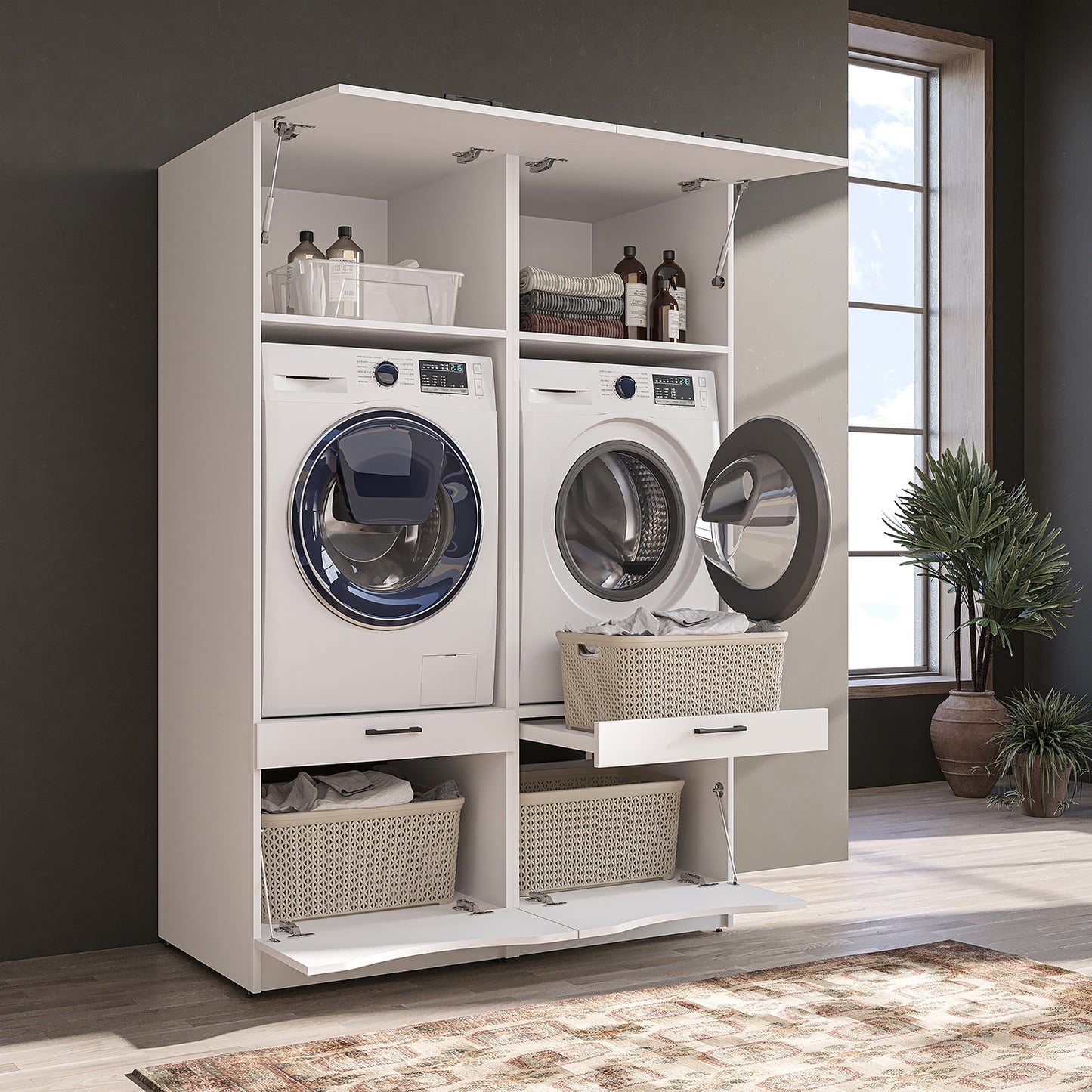 Roomart SERIE 2 Waschmaschinenschrank 132 cm – Waschmaschine & Trockner nebeneinander