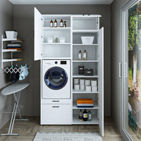 Roomart Schrankwand & Hochschrank Weiß Schwaz Eiche Badschrank Mehrzweckschrank- schrank, badezimmerschrank, waschmaschinenschrank, badschrank, badezimmermöbel, waschmaschinenregal, waschturm, hochschrank, bad, möbel, weiß, waschmaschinen, unterschrank, w