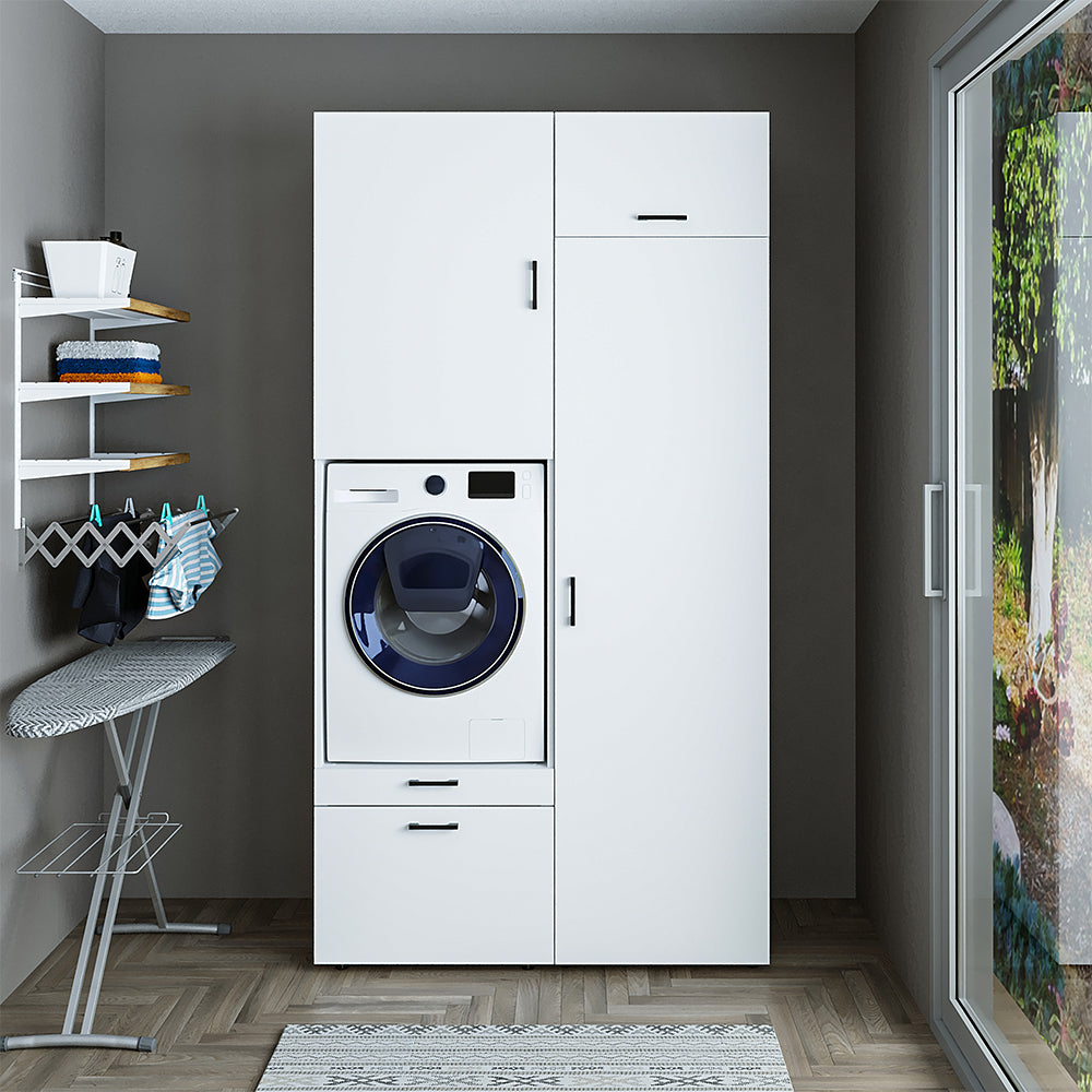 Roomart Schrankwand & Hochschrank Weiß Schwaz Eiche Badschrank Mehrzweckschrank- schrank, badezimmerschrank, waschmaschinenschrank, badschrank, badezimmermöbel, waschmaschinenregal, waschturm, hochschrank, bad, möbel, weiß, waschmaschinen, unterschrank, w