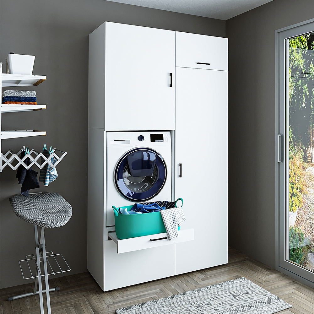 Roomart Schrankwand & Hochschrank Weiß Schwaz Eiche Badschrank Mehrzweckschrank- schrank, badezimmerschrank, waschmaschinenschrank, badschrank, badezimmermöbel, waschmaschinenregal, waschturm, hochschrank, bad, möbel, weiß, waschmaschinen, unterschrank, w