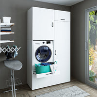 Roomart Schrankwand & Hochschrank Weiß Schwaz Eiche Badschrank Mehrzweckschrank- schrank, badezimmerschrank, waschmaschinenschrank, badschrank, badezimmermöbel, waschmaschinenregal, waschturm, hochschrank, bad, möbel, weiß, waschmaschinen, unterschrank, w