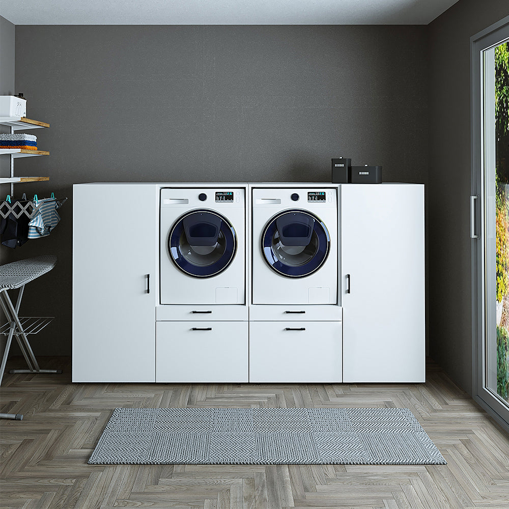 Roomart Waschmashinenshcrank für Trockner und Waschmaschine • Weiß • Schwarz eiche - schrank waschmaschine, bosch wtw875w0, waschmaschienenüberschrank, waschtowerschrank, wasserkistenregal, washing machine cabinet, wt47w5w0, washing machine heart, bodenwa