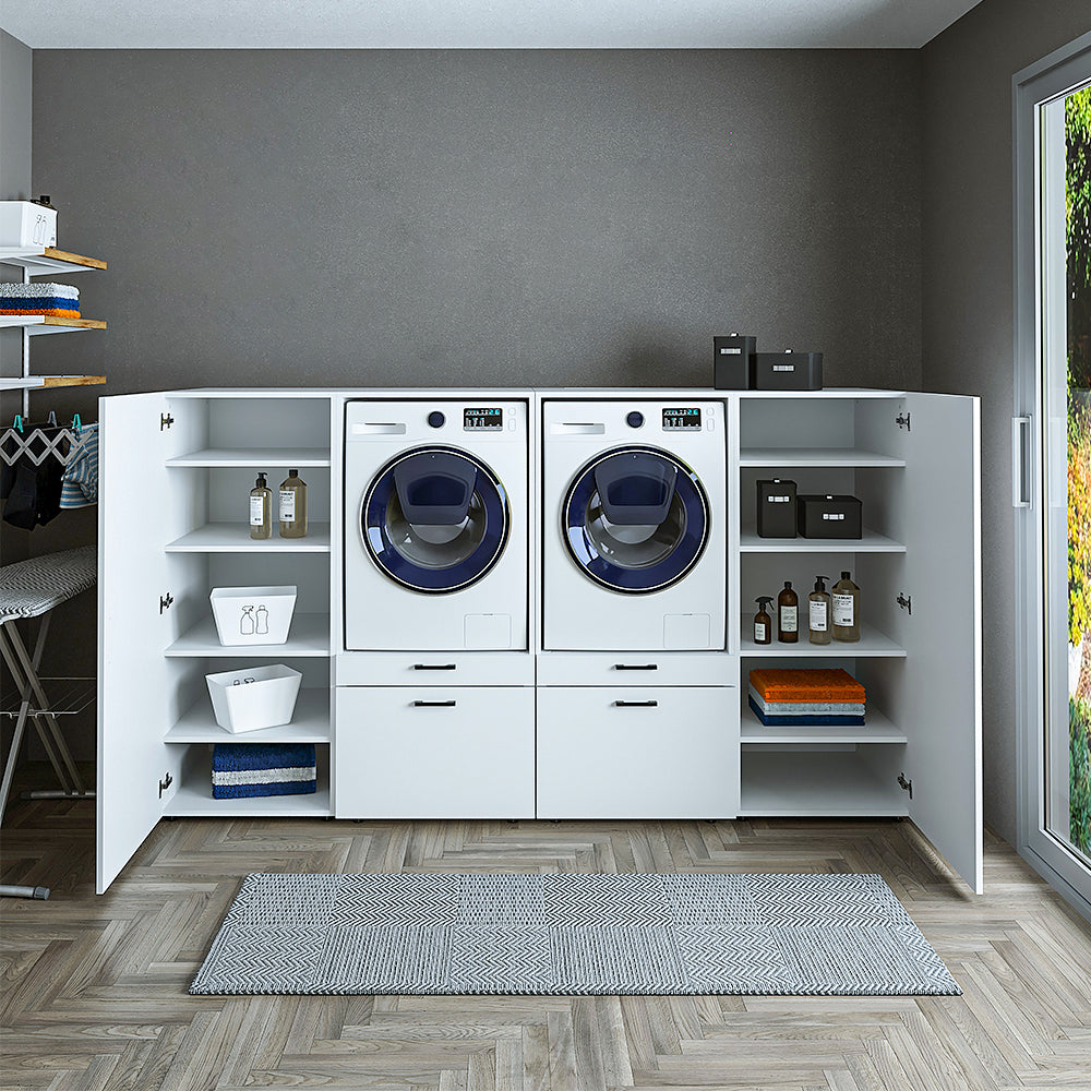 Roomart Waschmashinenshcrank für Trockner und Waschmaschine • Weiß • Schwarz eiche - schrank waschmaschine, bosch wtw875w0, waschmaschienenüberschrank, waschtowerschrank, wasserkistenregal, washing machine cabinet, wt47w5w0, washing machine heart, bodenwa