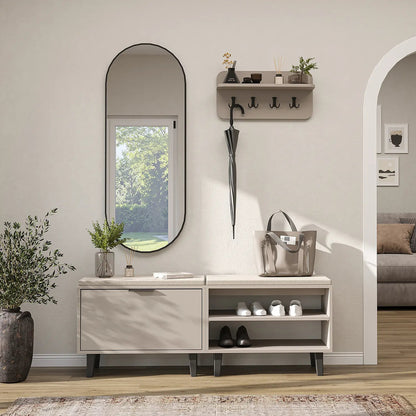 Roomart 4-teiliges Garderobenset NORD, mit 2 Sitzbänken (offen und mit Schuhklappe), Wandgarderobe und ovalem Spiegel, in 2 Farben