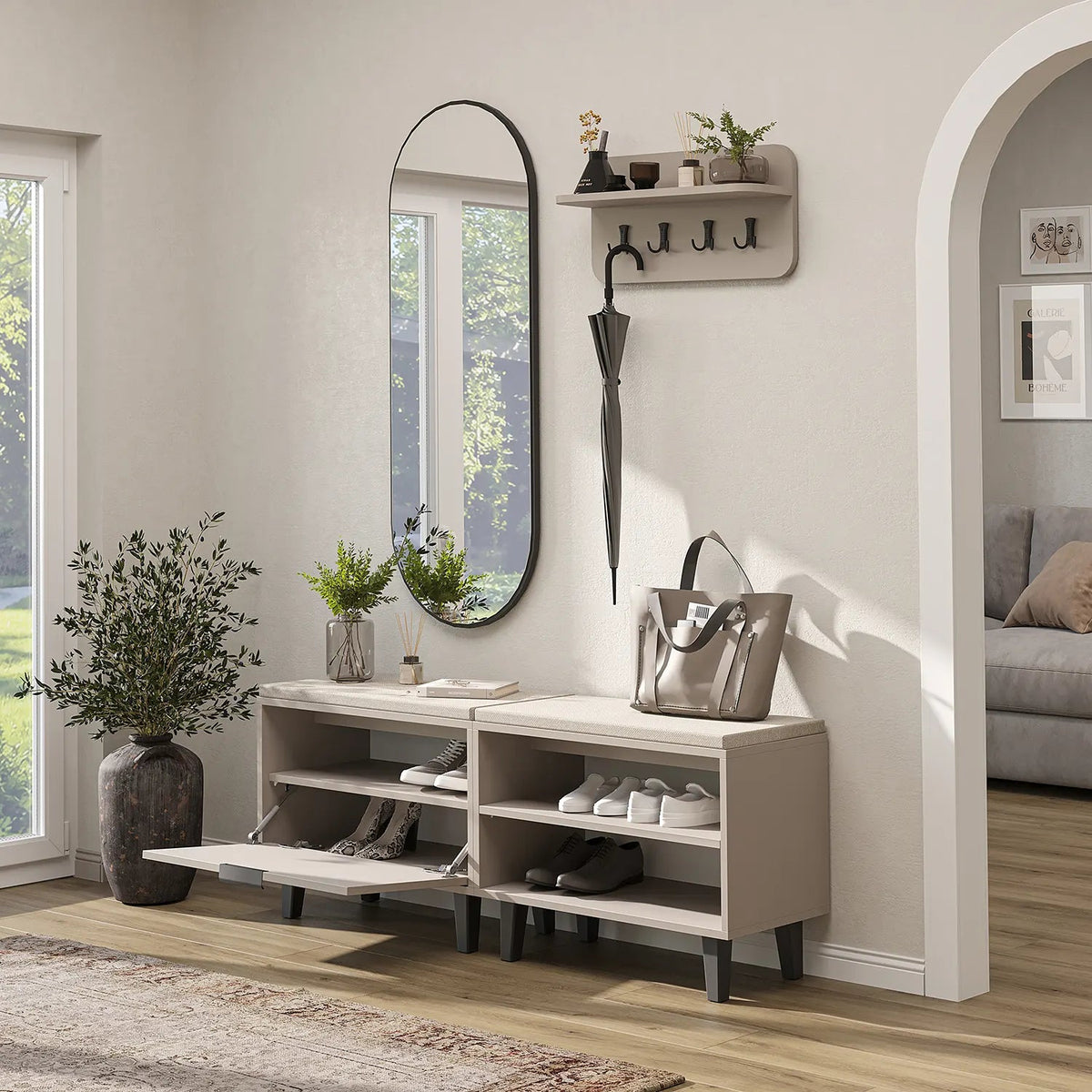 Roomart 4-teiliges Garderobenset NORD, mit 2 Sitzbänken (offen und mit Schuhklappe), Wandgarderobe und ovalem Spiegel, in 2 Farben