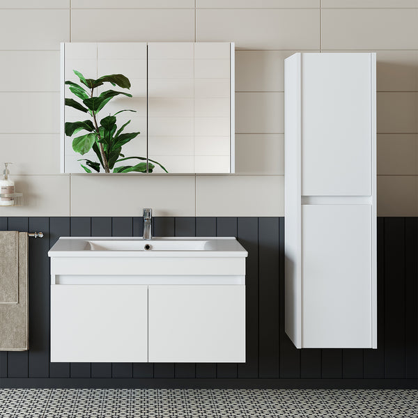 Roomart Badmöbel Set ATRIA 4-teilig – 85 cm Waschbeckenunterschrank mit Keramikwaschbecken, Spiegelschrank & Hochschrank | Badezimmermöbel in 4 Farben